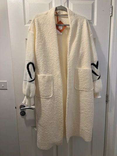 Isadora White Long Cardigan With Black Heart Detail On Sleeves